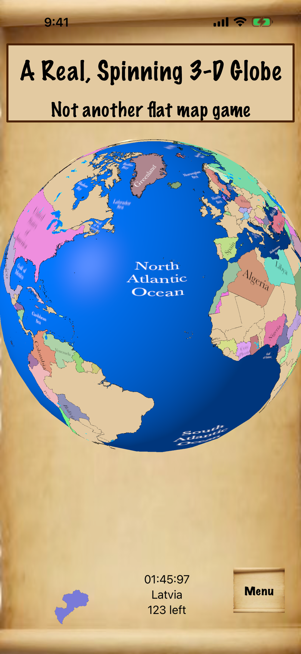 JigsawGeo screenshot: A Real, Spinning 3-D Globe — not another flat map game
