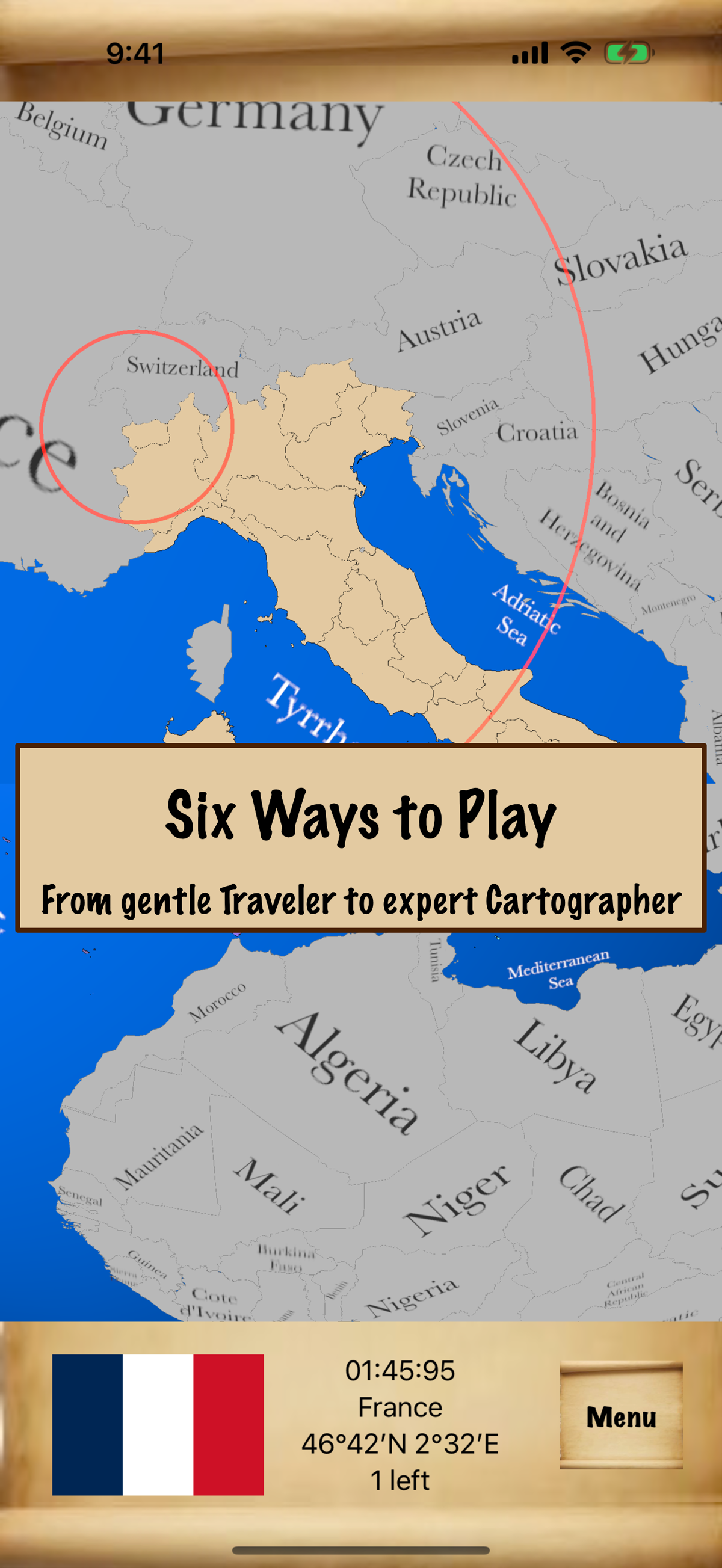 JigsawGeo screenshot: Six Ways to Play, from gentle Traveler to expert Cartographer