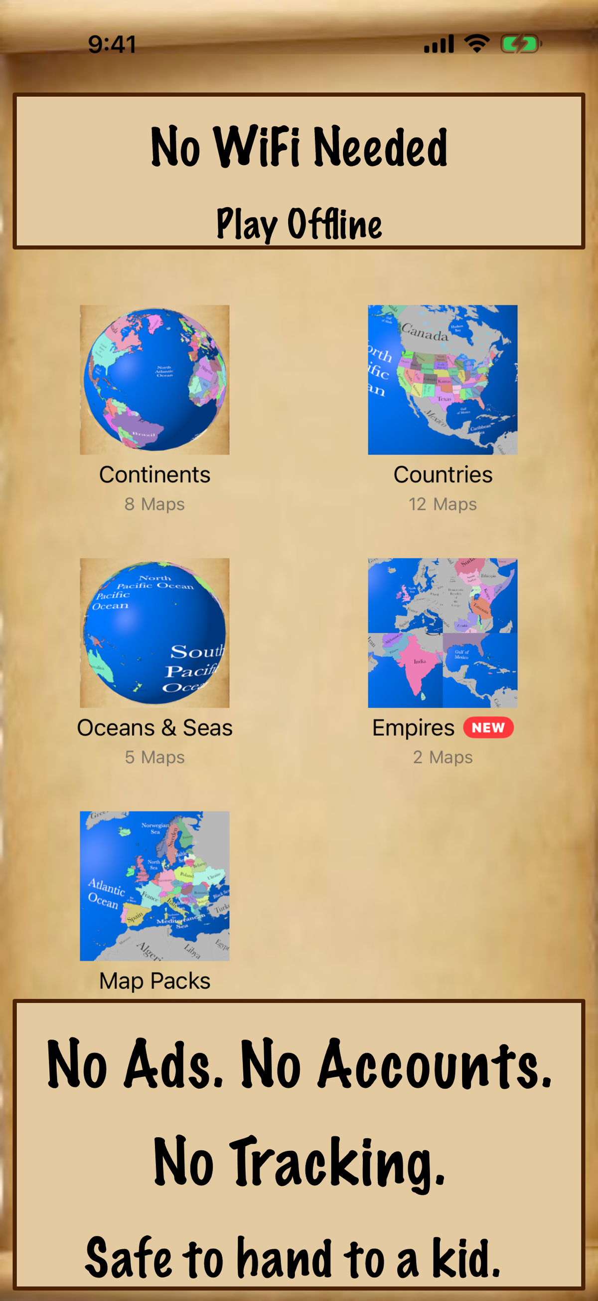 JigsawGeo screenshot: No Ads, No Accounts, No Tracking — safe to hand to a kid