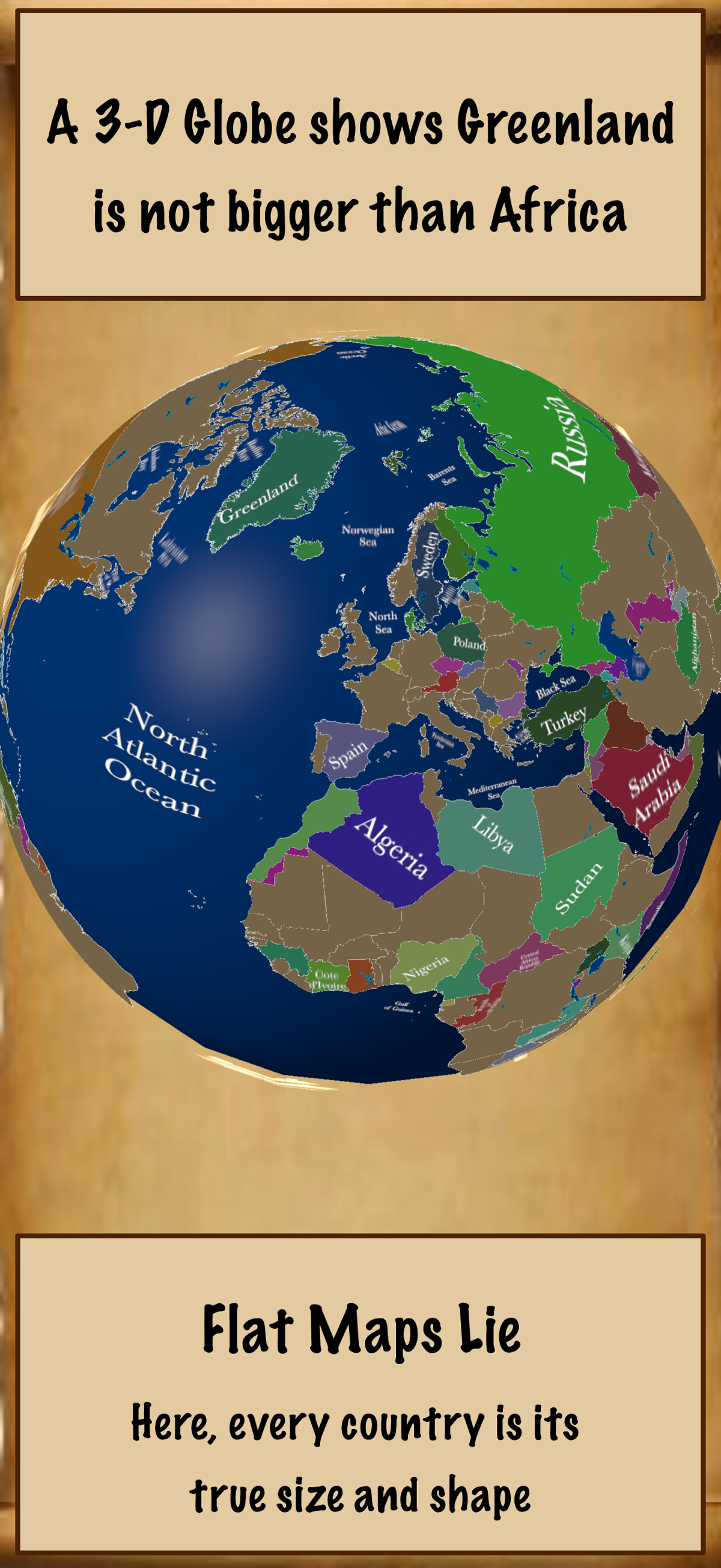 JigsawGeo screenshot: Flat Maps Lie — every country its true size and shape