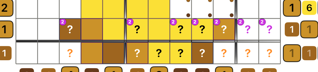 Close-up of two stacked conjecture levels: a purple-badged level-2 guess row above an unbadged level-1 row